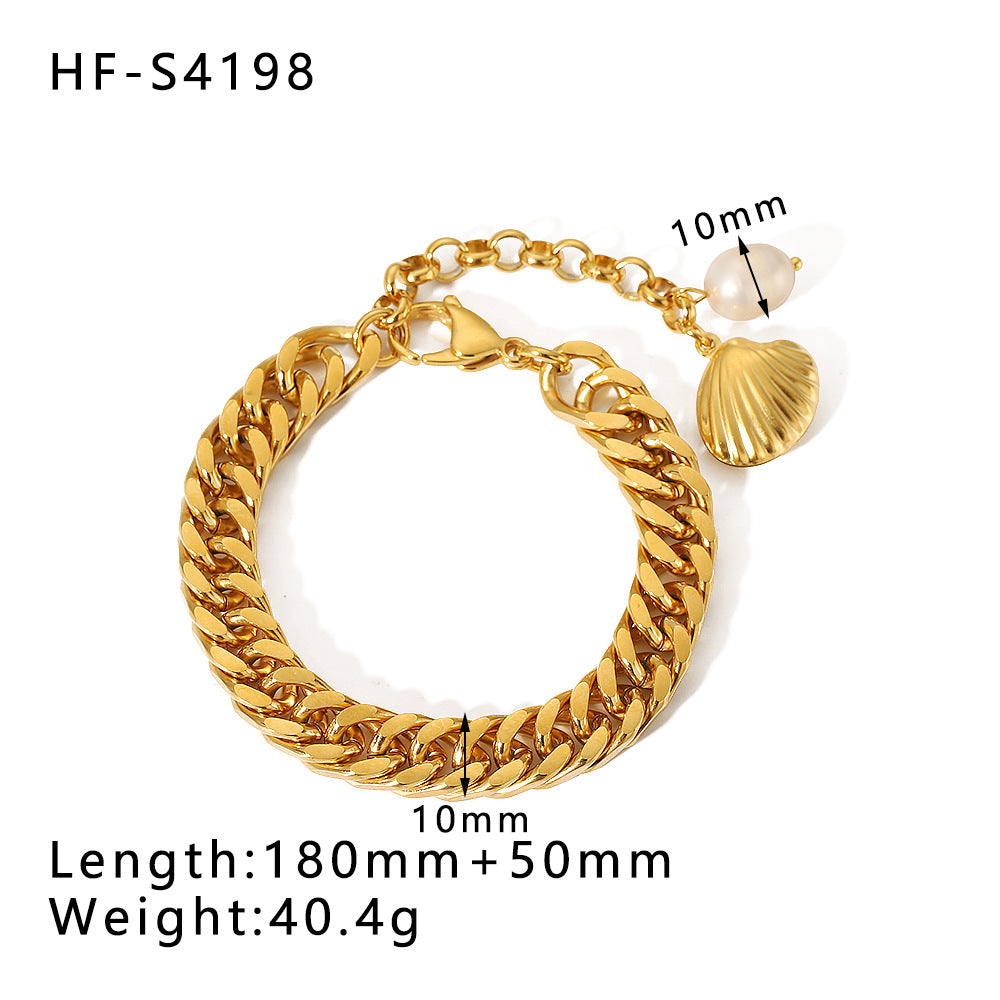 Wholesale Double Layer Flat Snake Pearl Style Gold Plated Shell Cuban Chain Bracelet